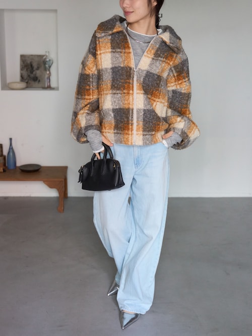 セール】チェック柄 ショート丈 ボリュームスリーブ ボアジャケット
