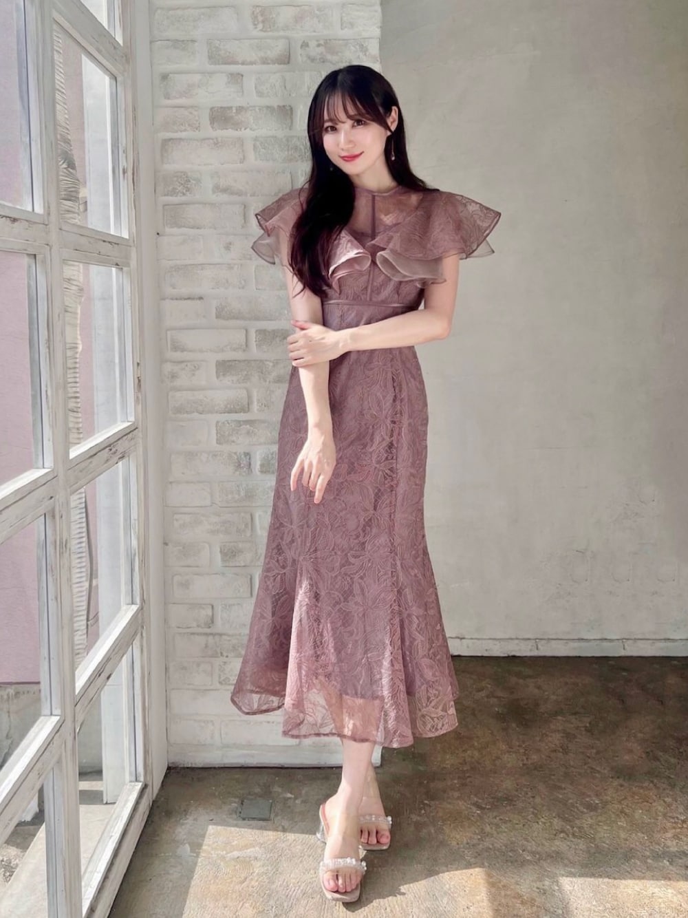 Leja フリル半袖シアーレース花柄刺繍ウエストマークマーメイドワンピース