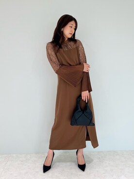 LEJA】レース切替スリットAラインロングドレスワンピース美脚効果結婚