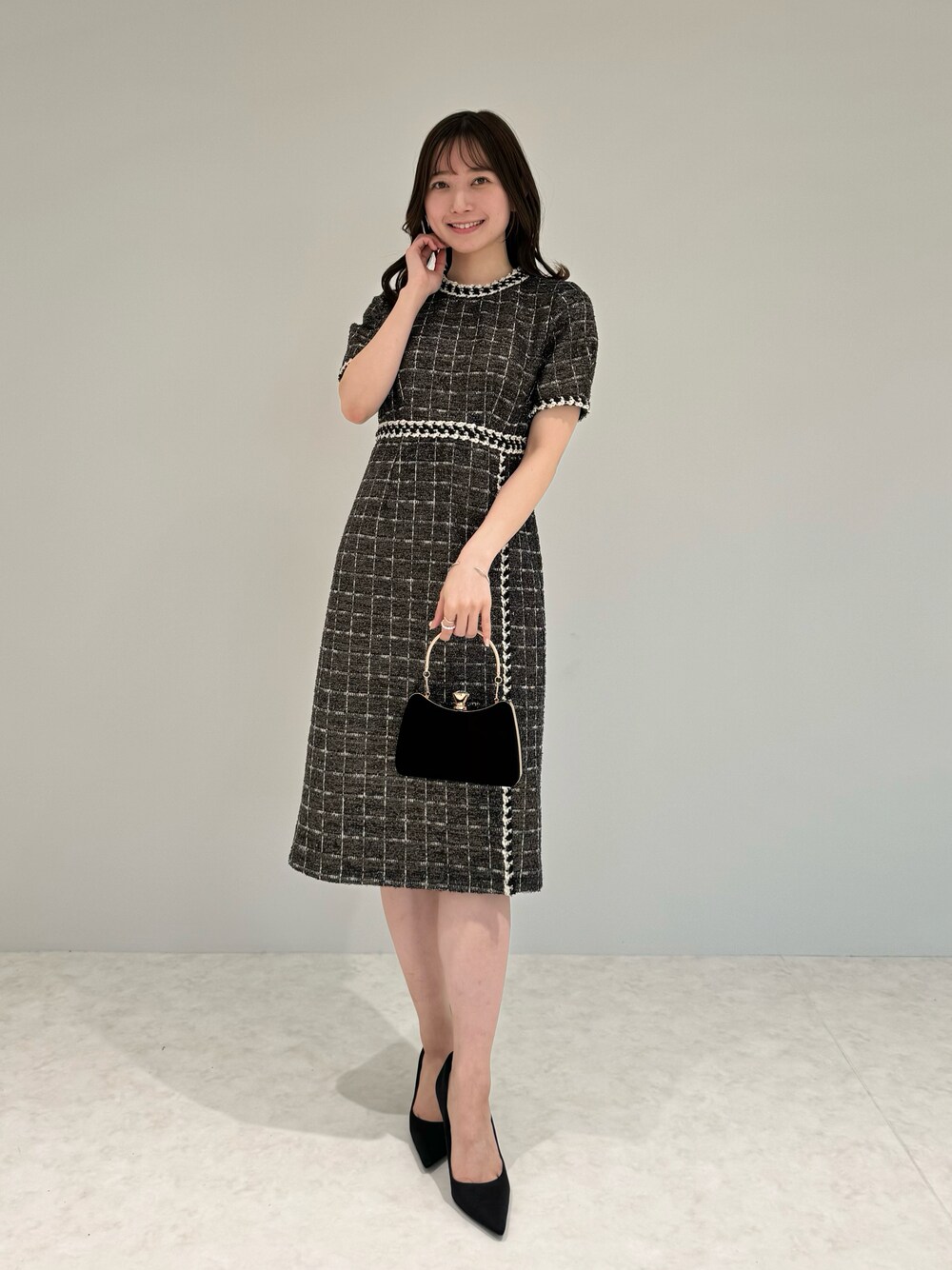 LEJA】ツイード柄ハイウエストソフトパフスリーブ半袖ドレスワンピース