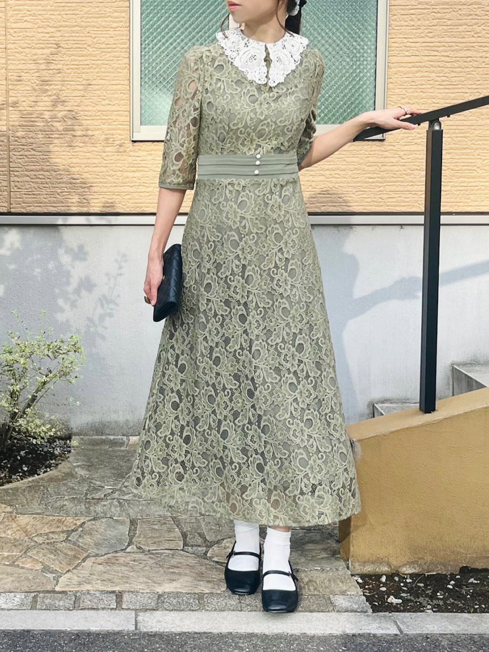 LEJA】レースビッグカラー花柄刺繍ウエストマークロングフレアドレス