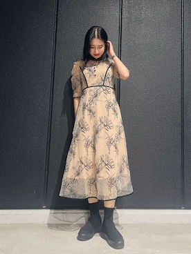 LEJA】配色パイピングプチハイネック花柄刺繍ラメレースロング丈ドレス