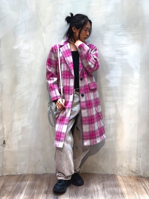 チェック柄 オーバーサイズ ウールブレンドコート ピンク（チェスター