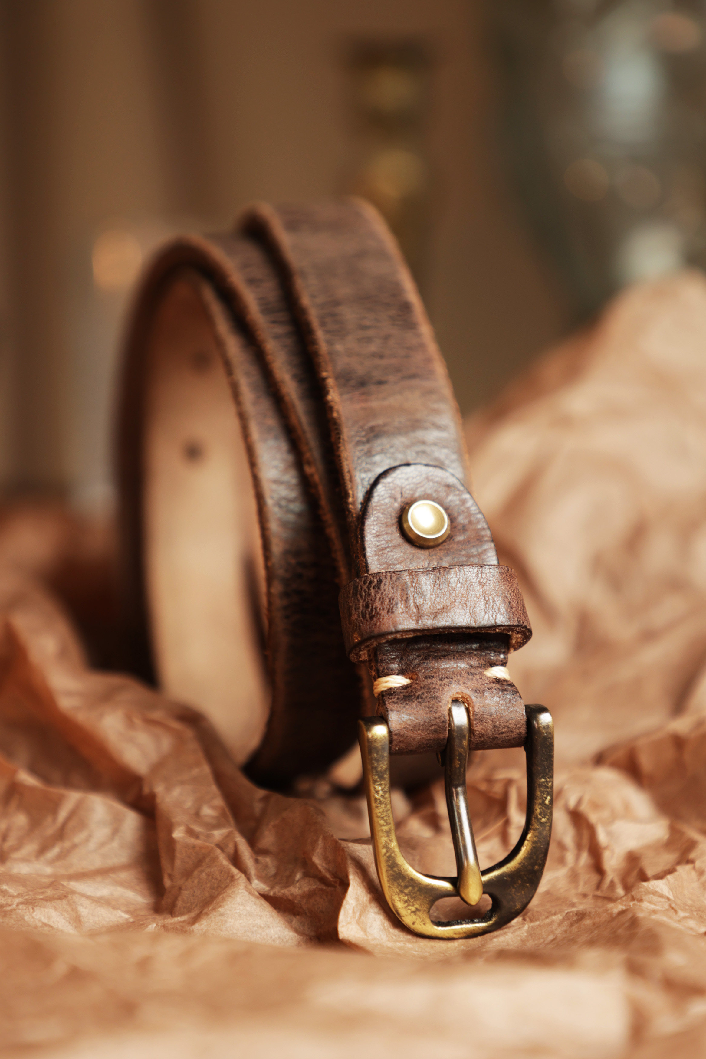 アメリカンヴィンテージ風 ユーズド加工スリムレザーベルト 舊嘢販革