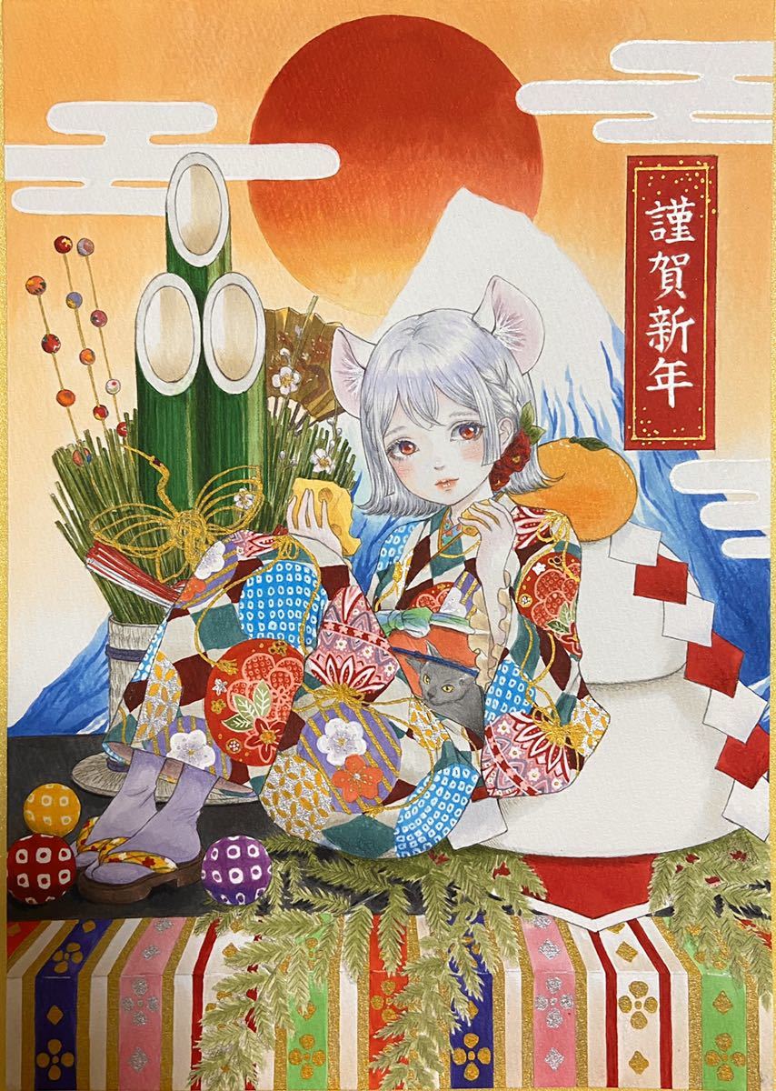 新品】オリジナル お正月 女の子 手描き アナログ イラスト 手描き