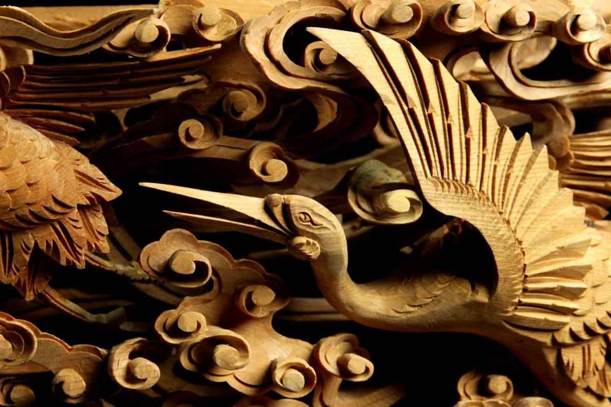 懸魚風 彫刻鶴 彫刻 欄間 懸魚 木彫 動物 寺院 仏閣 アンティーク 鶴