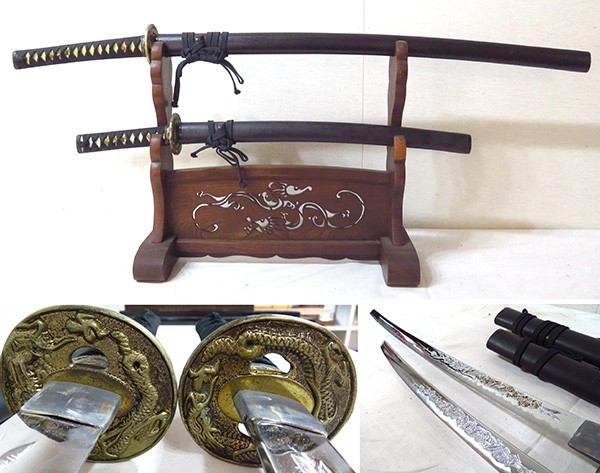 日本刀 床の間飾り☆ 木製鞘 舞龍紋 装具 刀身彫刻 模造刀 太刀 脇差