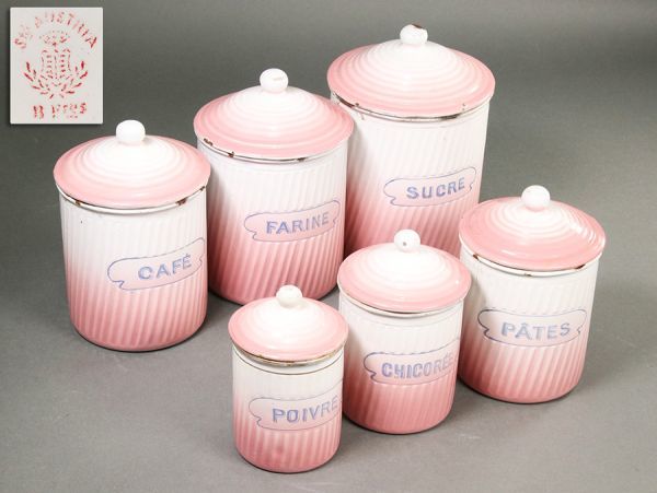 ピンク ホーロー キャニスター 6個セット フランスヴィンテージ