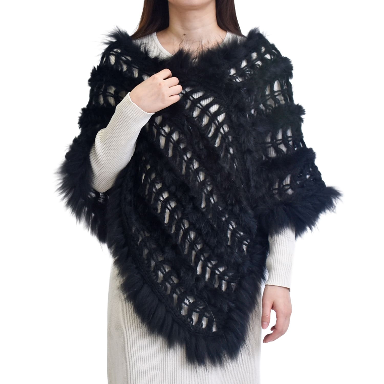 ファーケープ レディース ポンチョ ニット ラビット ラクーン タヌキ