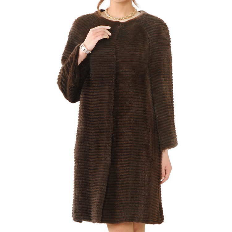 ミンク コート ノーカラー テープ使い スヌード付き ブラウン