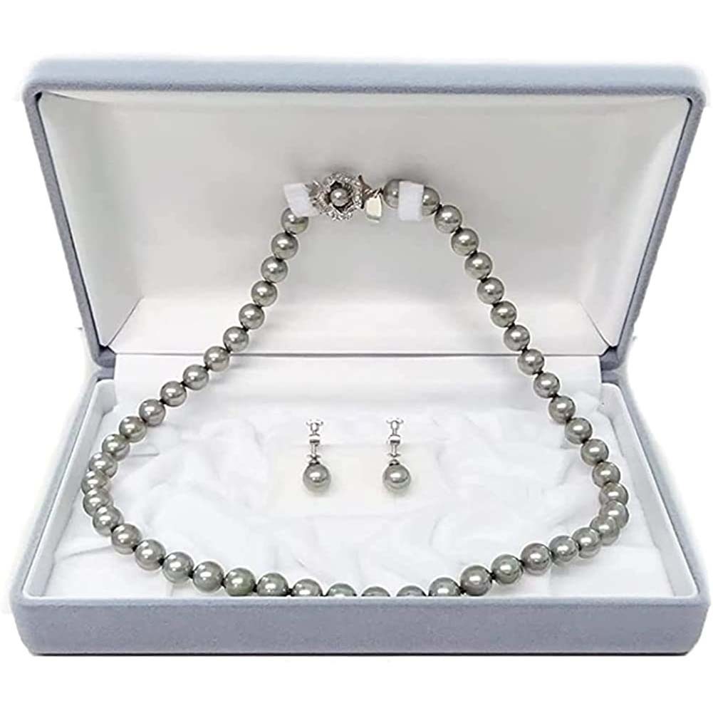 別珍ケース真珠ネックレス45cm・イヤリングorピアスセットグレー