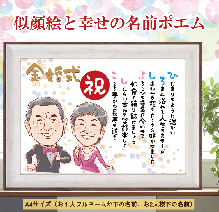 ほのぼの 似顔絵 と幸せの 名前 ポエム A4 ツートンカラー 額入り 1〜2