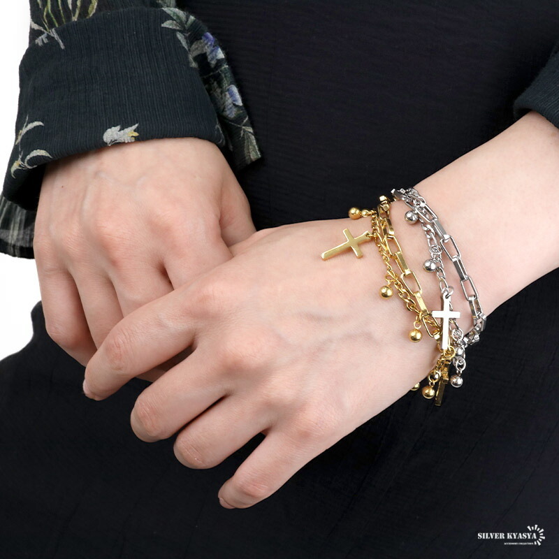 チャームブレスレット ステンレス ゴールド シルバー 2連 重ね付け