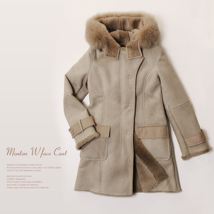 ムートンコート フード付き フォックス ファー トリミング/リアル