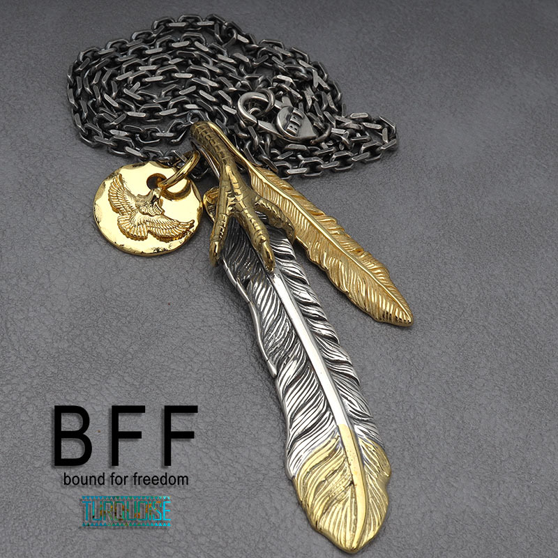 BFF ブランド フェザーネックレス 金爪 イーグル メタル シルバー925