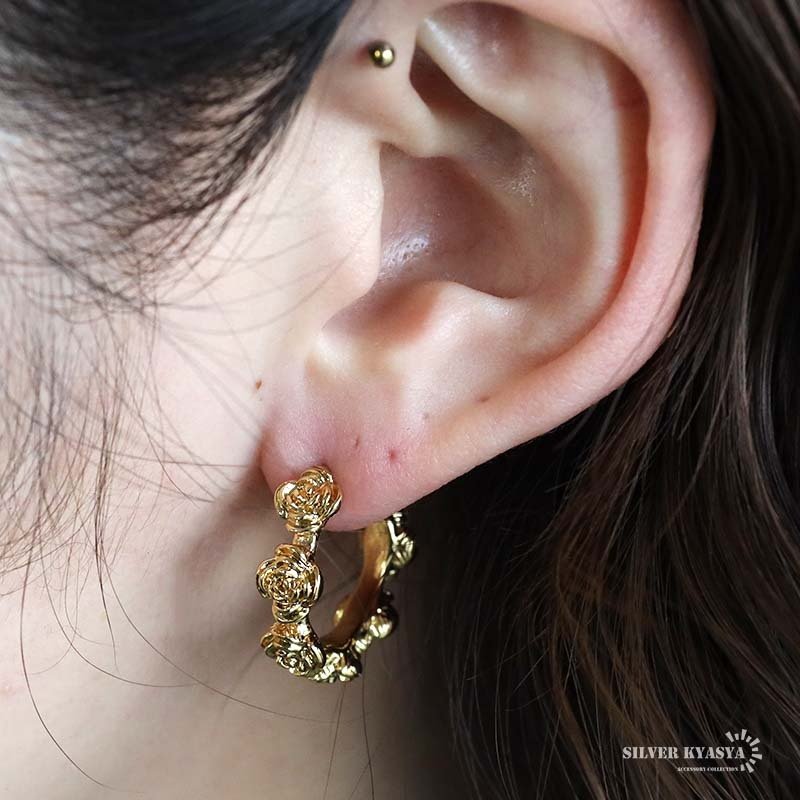 ステンレス 薔薇ピアス フラワーピアス フープピアス ローズピアス