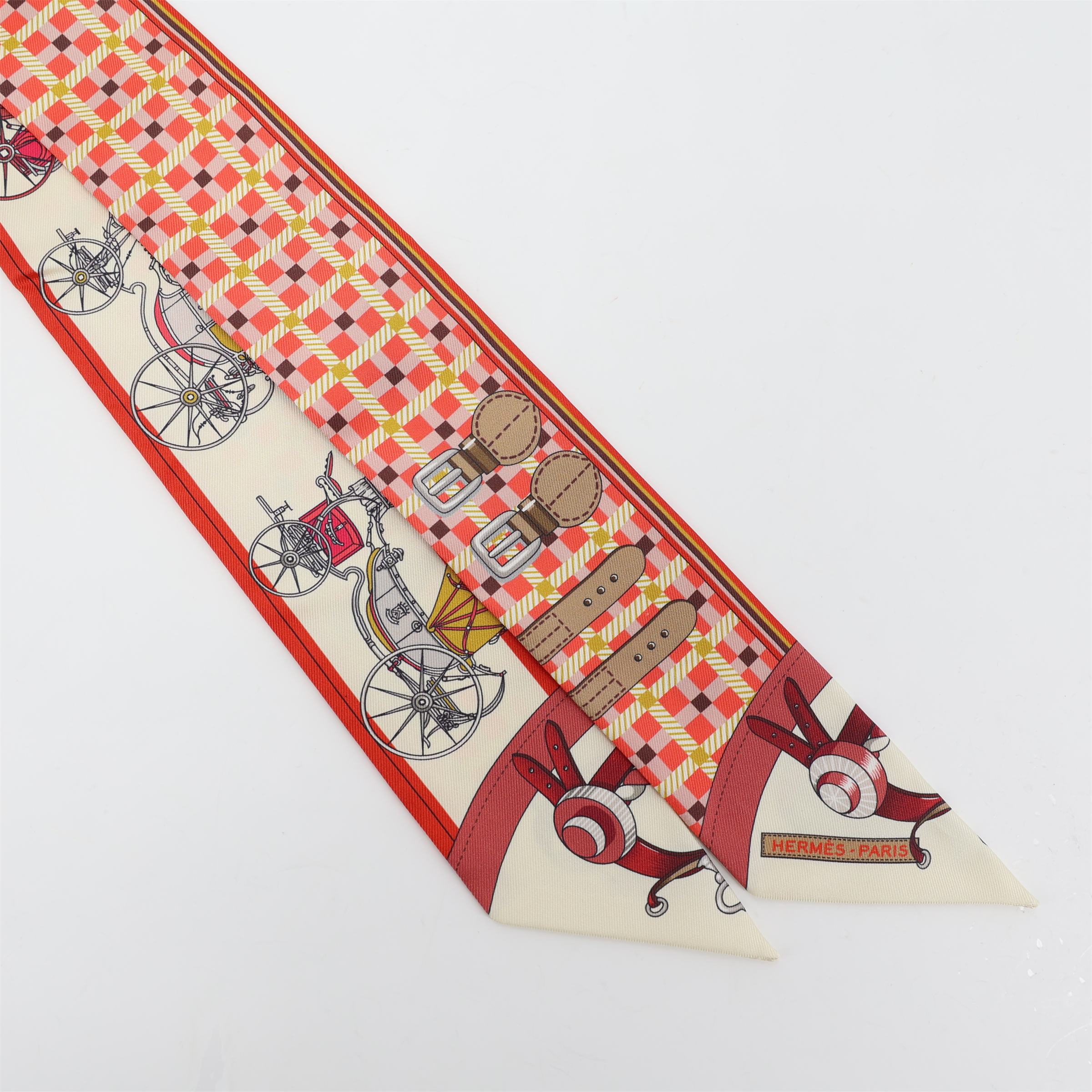 ランク N 新品 HERMÈS エルメス ツイリー 馬車の変遷 ベージュ レッド