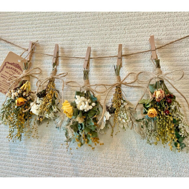 お花たっぷりドライフラワー スワッグ ガーランド❁147黄色ミモザ薔薇