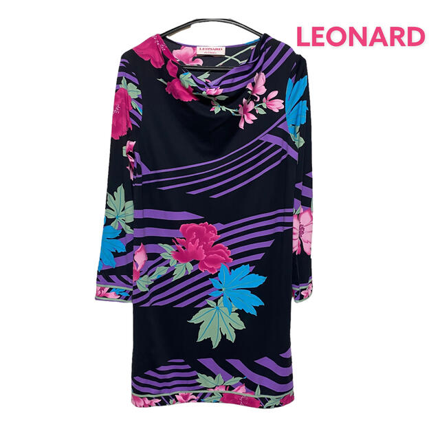 美品♡レオナール パネル柄 花柄 チュニック ワンピース トリム 38 M