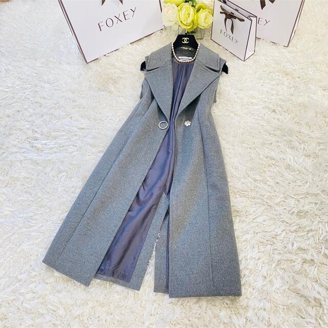 美品 foxyフォクシー ダブルフェイス ウール ロング ジレ ベルト