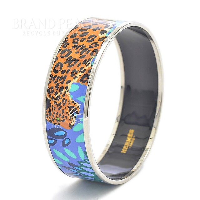 HERMES エマイユ七宝焼バングルブレスレット猫アニマルブルー