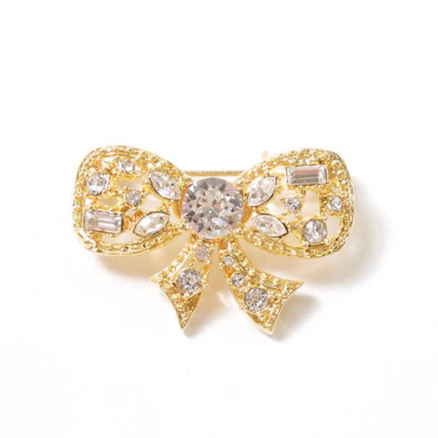 René - 美品 Rene ルネ リボンブローチ ゴールド系 ライトストーン