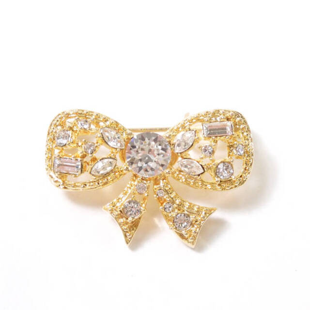 René - 美品 Rene ルネ リボンブローチ ゴールド系 ライトストーン