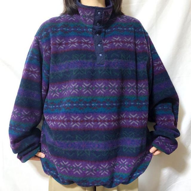 LANDS'END - USA製 ランズエンド 総柄フリース 90s 希少 ハーフボタン