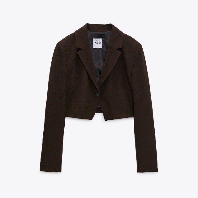 ZARA - ZARA クロップドチェックブレザー XSサイズ ブラウン
