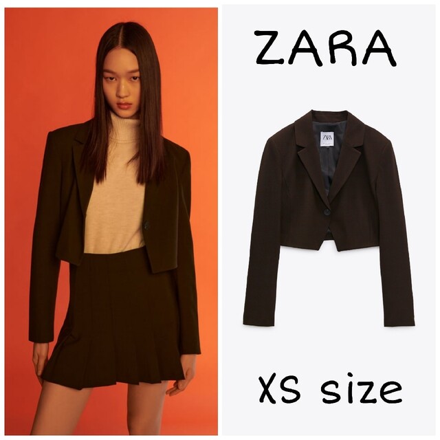 ZARA - ZARA クロップドチェックブレザー XSサイズ ブラウン
