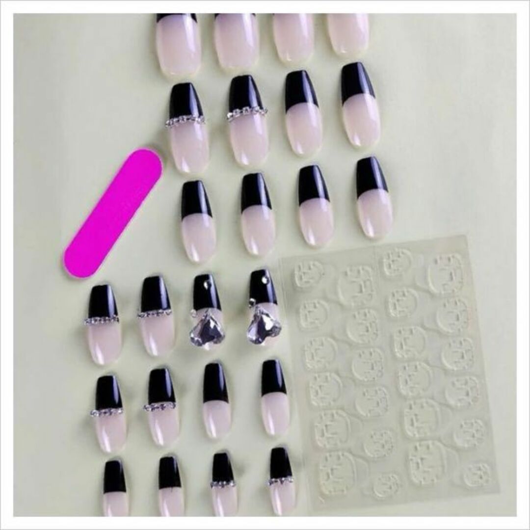 N434》既成ネイルチップ24枚セット 黒フレンチ ハート ギャル 量産型の