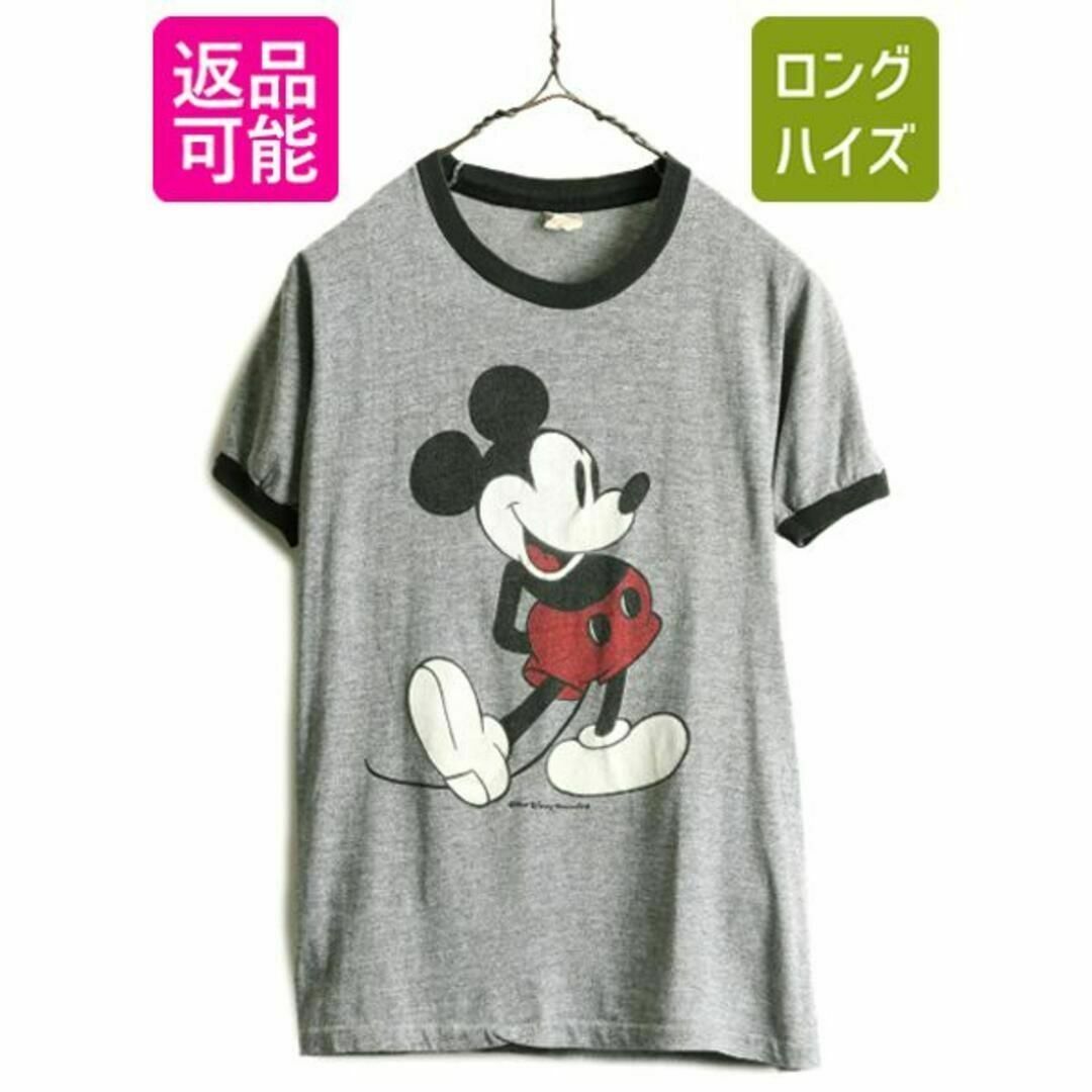 70s USA製 ミッキー 染み込み プリント 半袖 リンガーTシャツ S 白足の