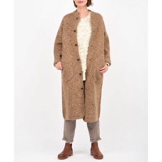 45R - 45R ウール アルパカ 縮絨 ノーカラー ニット コート ブラウン