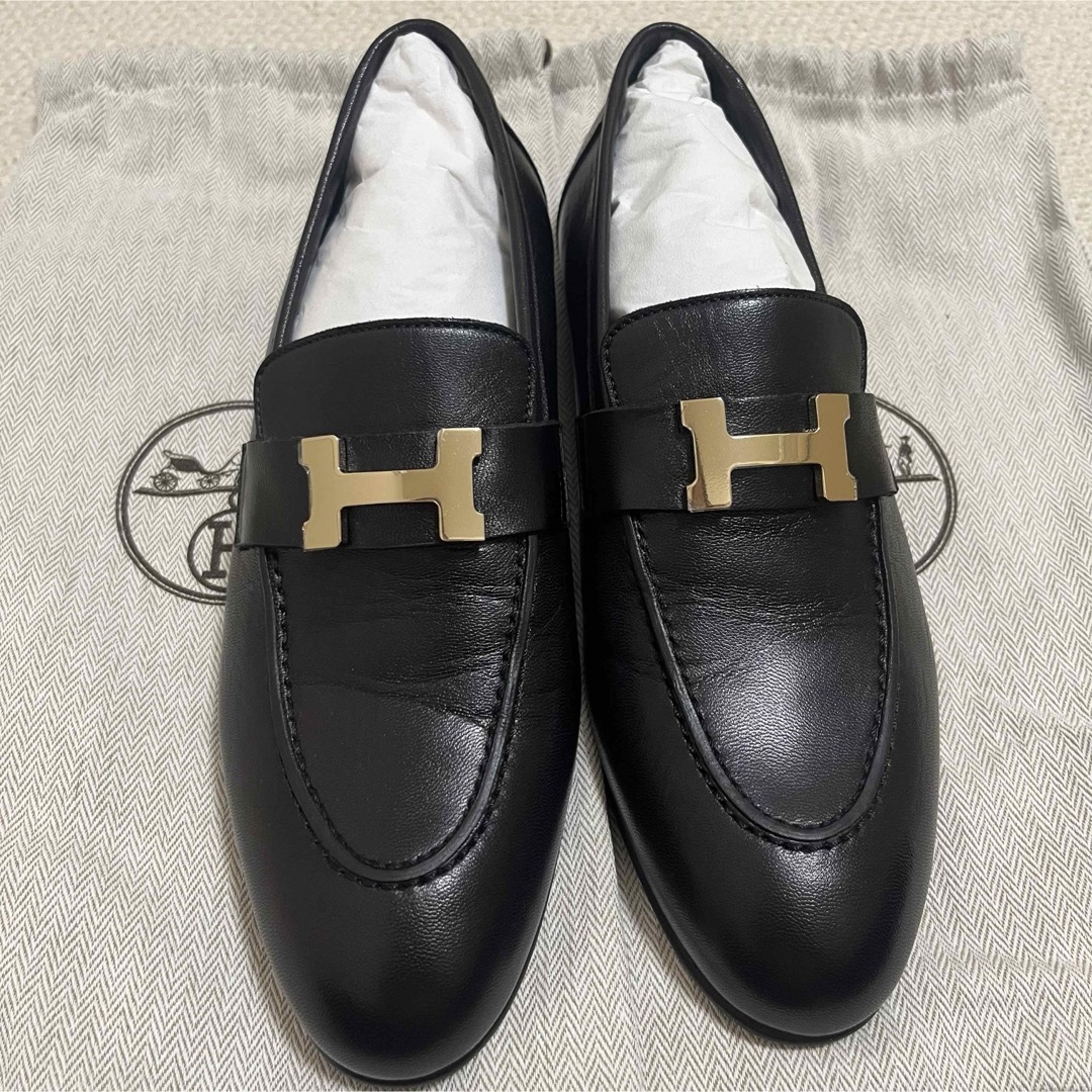 37.5 エルメス 革靴 ローファー モカシンパリ 黒 ノアール モカシン