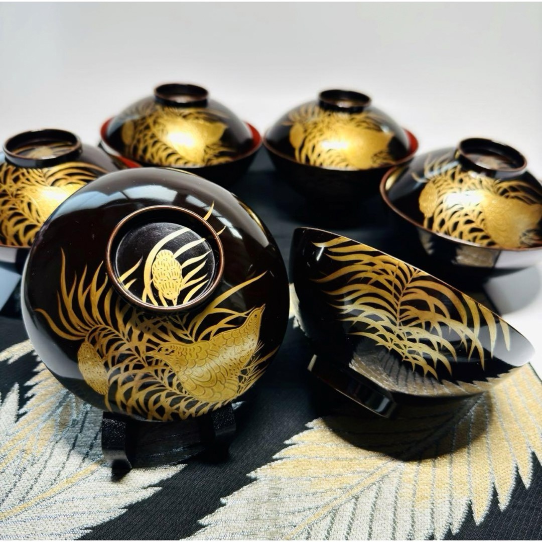 漆器輪島塗 【雲】時代 木製漆器 黒漆折鶴見返し松細密金蒔絵吸物椀