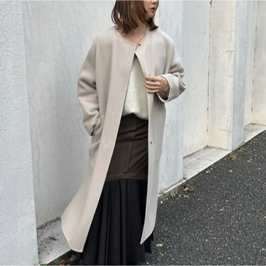 FRAY I.D - FRAY IDウールカシミアバイカラーリバーコート ベージュ