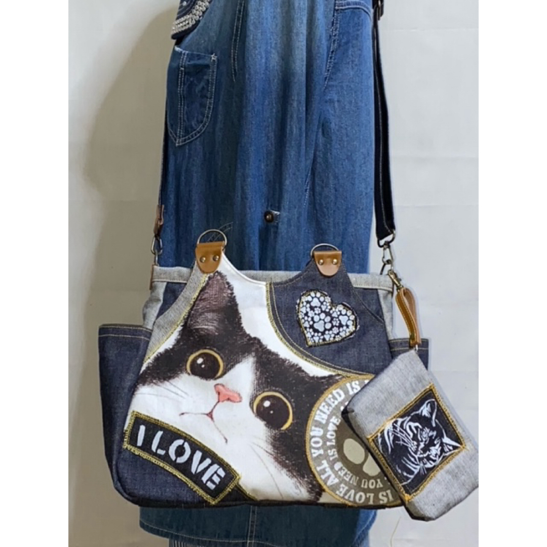 ☆岡山デニム☆ハチワレ猫☆子猫☆リュック対応☆4wayあおりバッグ