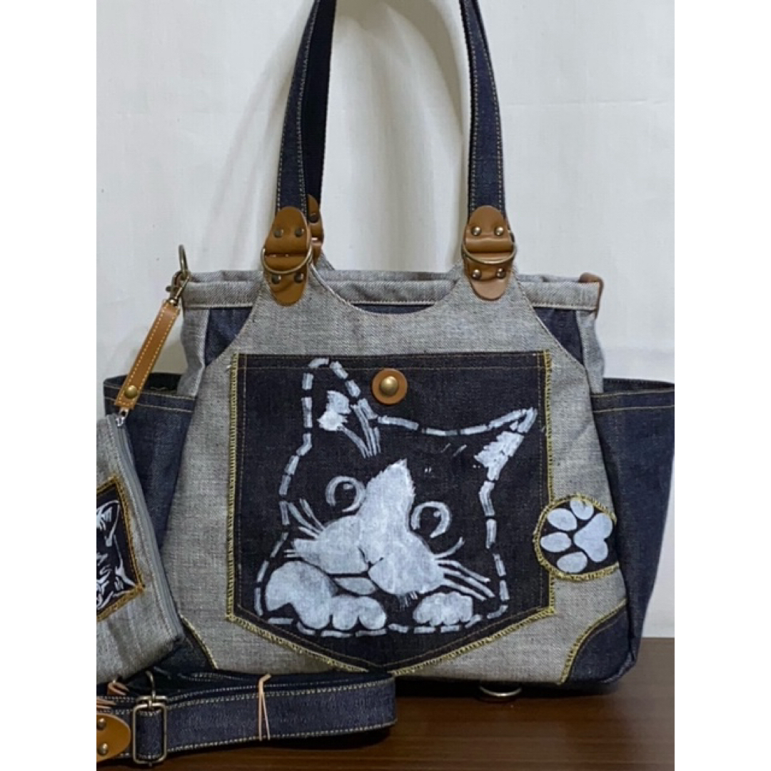 ☆岡山デニム☆ハチワレ猫☆子猫☆リュック対応☆4wayあおりバッグ