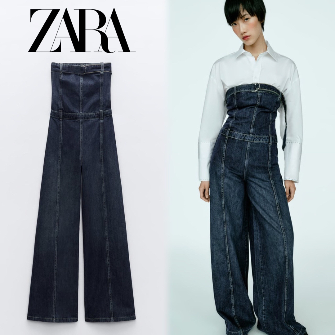 ZARA - ZARA ストラップレス デニムジャンプスーツ ネイビー XSの通販