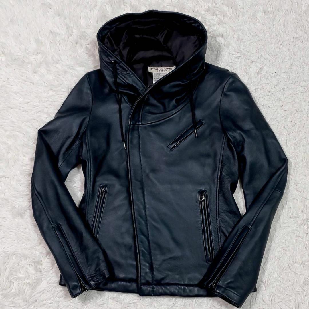 極美品 M キャサリンハムネット ラムレザー フーディー パーカー 黒