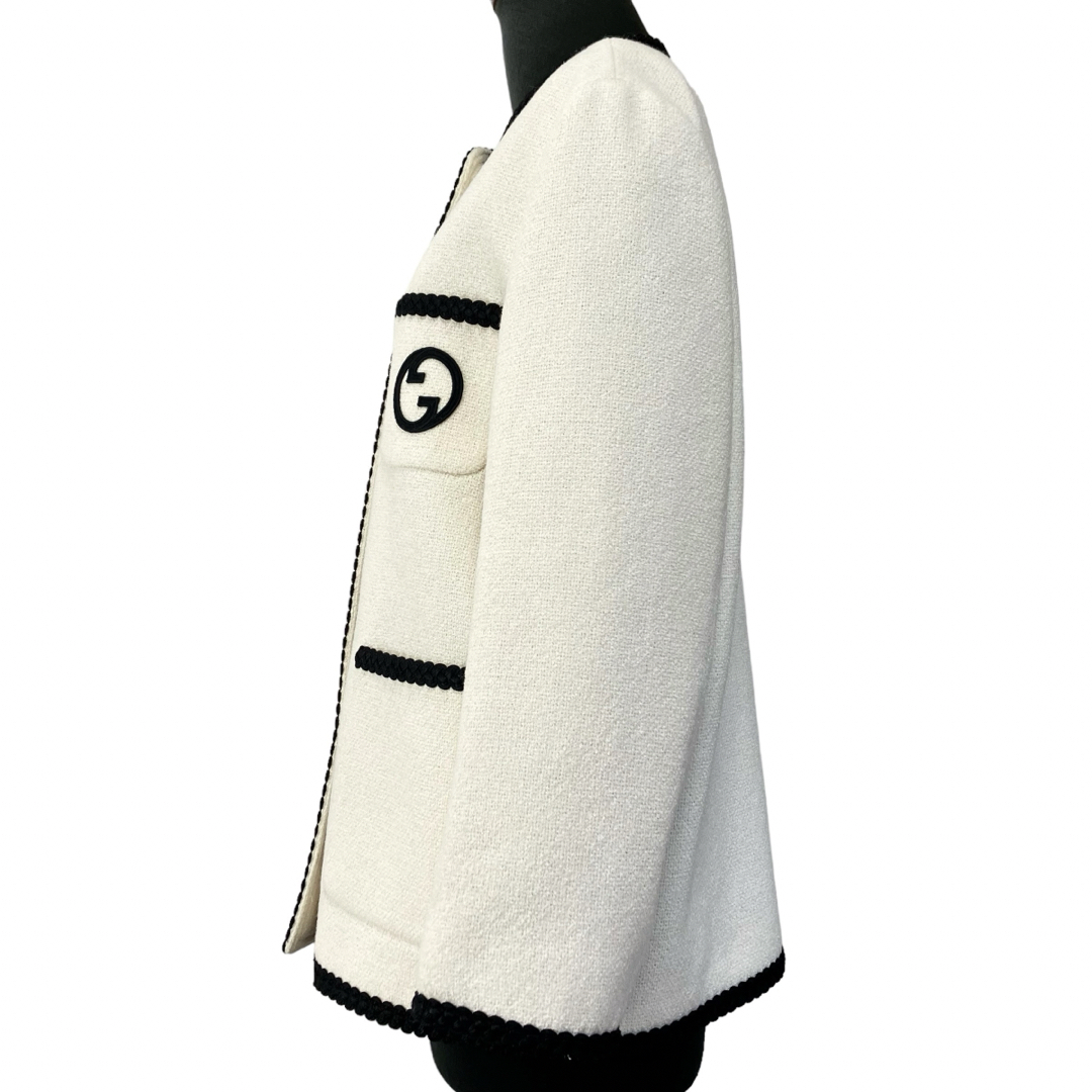 GUCCI - 美品 グッチ ノーカラー ツイードジャケット 白 エンブロイ