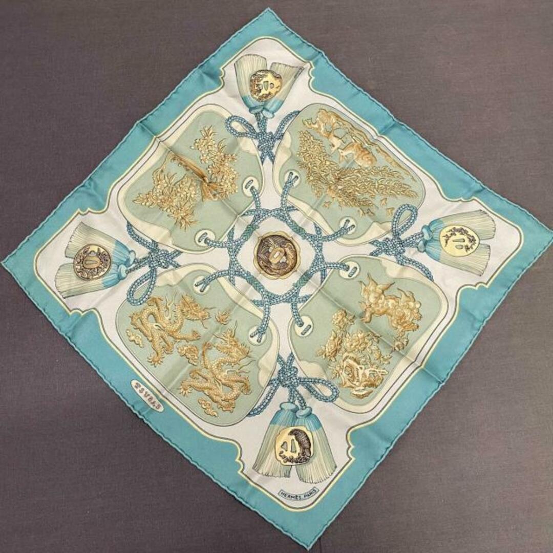 エルメス HERMES スカーフ ライトブルー×グリーン×マルチ CHASSE EN