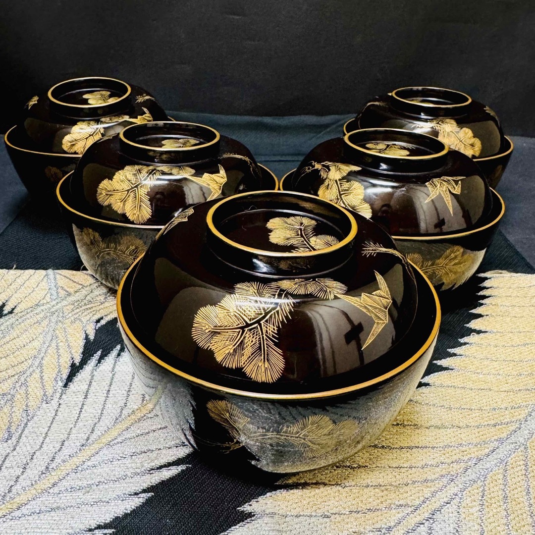 ☆朱塗椀 楽器金蒔絵 吸物椀 木製漆器 和楽器 共箱蓋裏に銘 計10客