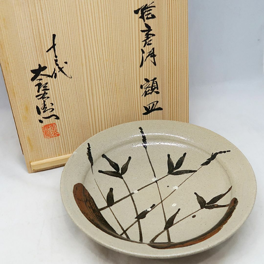 未使用 唐津焼 十三代 中里太郎右衛門 絵唐津 額皿 24.5 箱付 太郎右