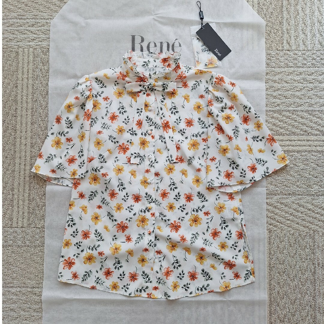 新品 Rene ルネ シルク フラワー フリル ブラウス シャツ 花柄 34 新品