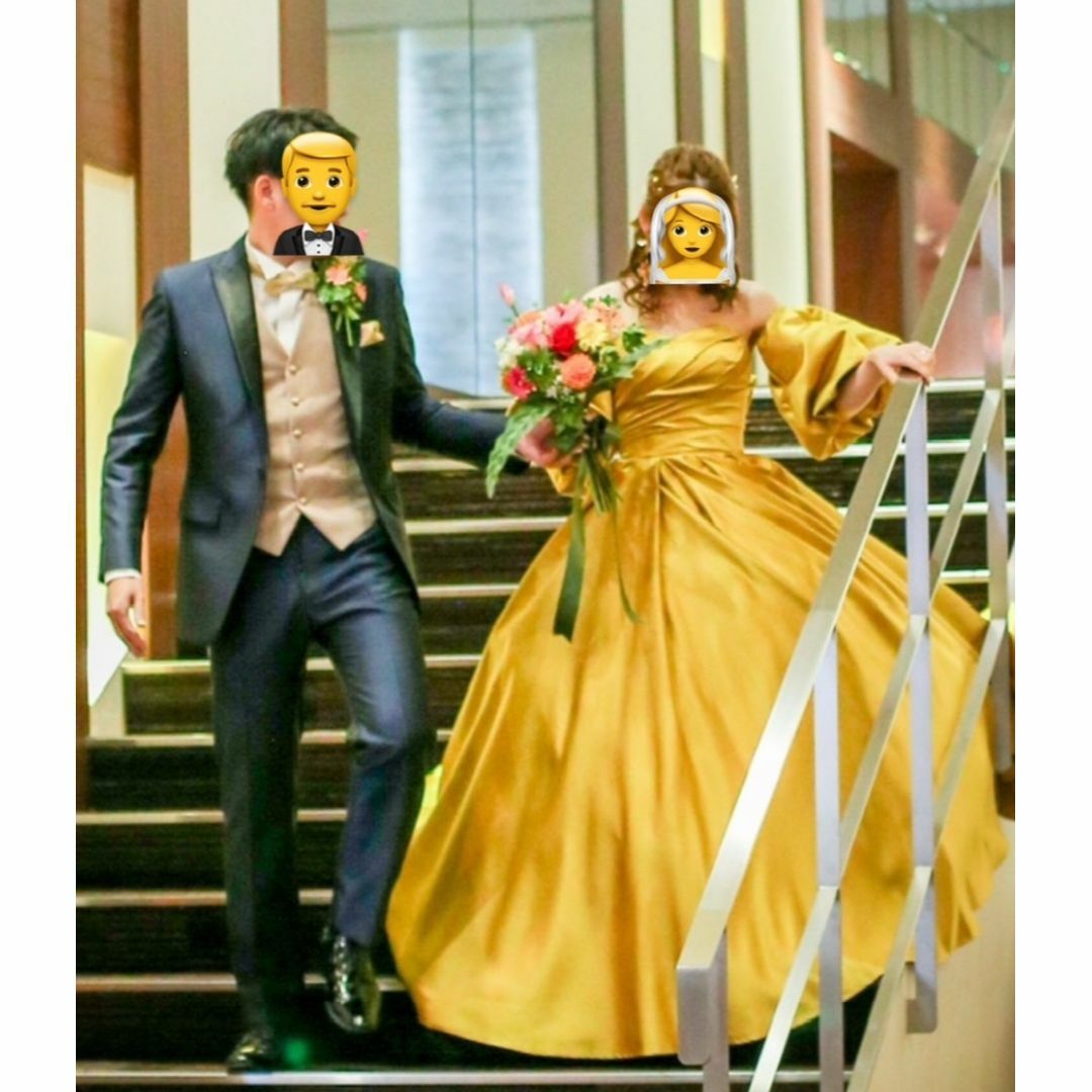 実例写真！イエロー カラードレス ベアトップ 豪華なバックリボン 花嫁