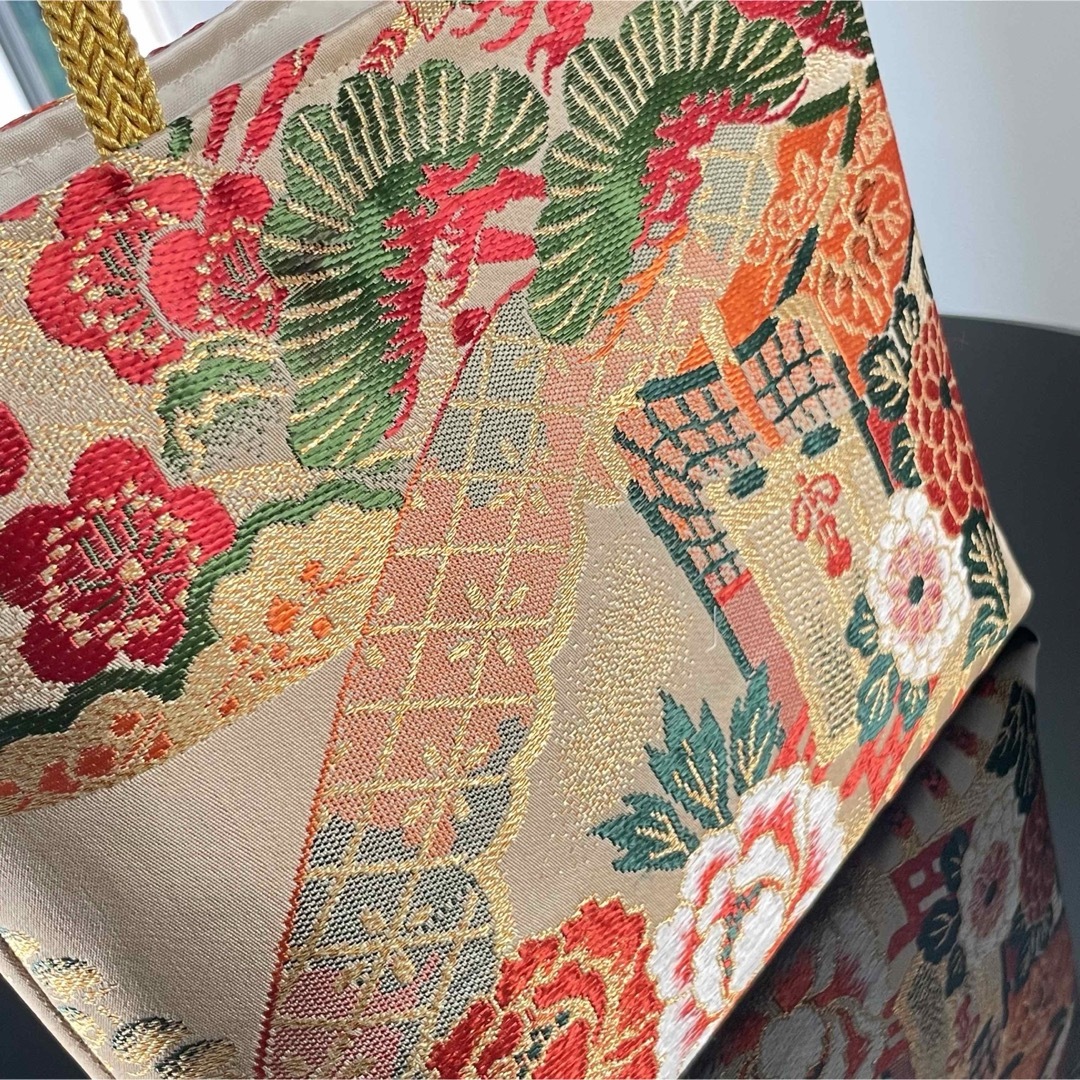 帯リメイクバッグ 鶴と御所車Japan 丸帯 トートバッグ 和装バッグ 帯