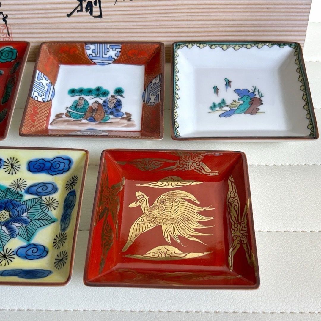 九谷青窯 - 九谷焼 圓山作 絵変わり 時代画 小皿揃 5枚セット 角皿