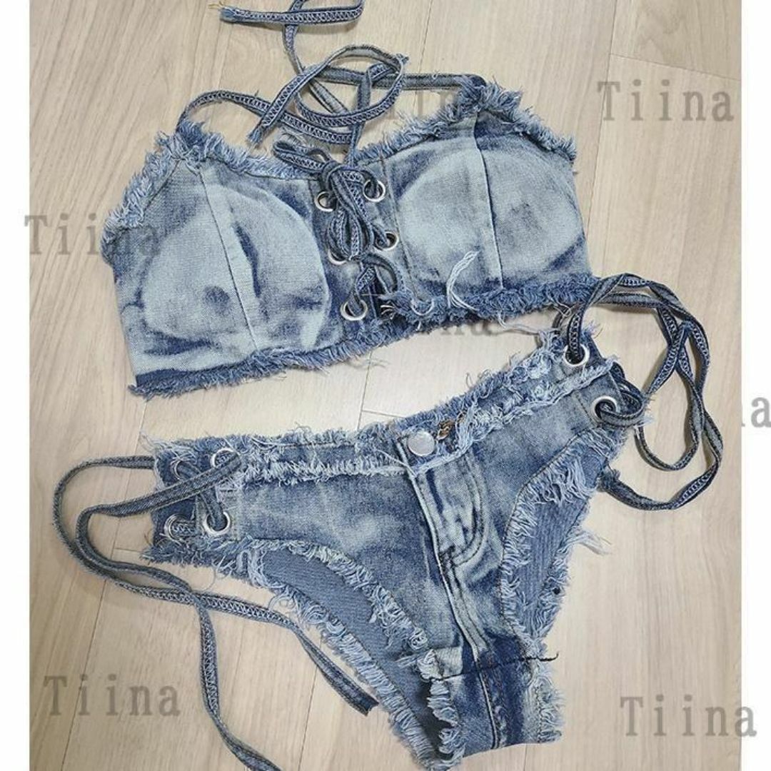 M デニム ブルー ブラジリアンビキニ ギャル 水着 韓国 綺麗 編み上げ