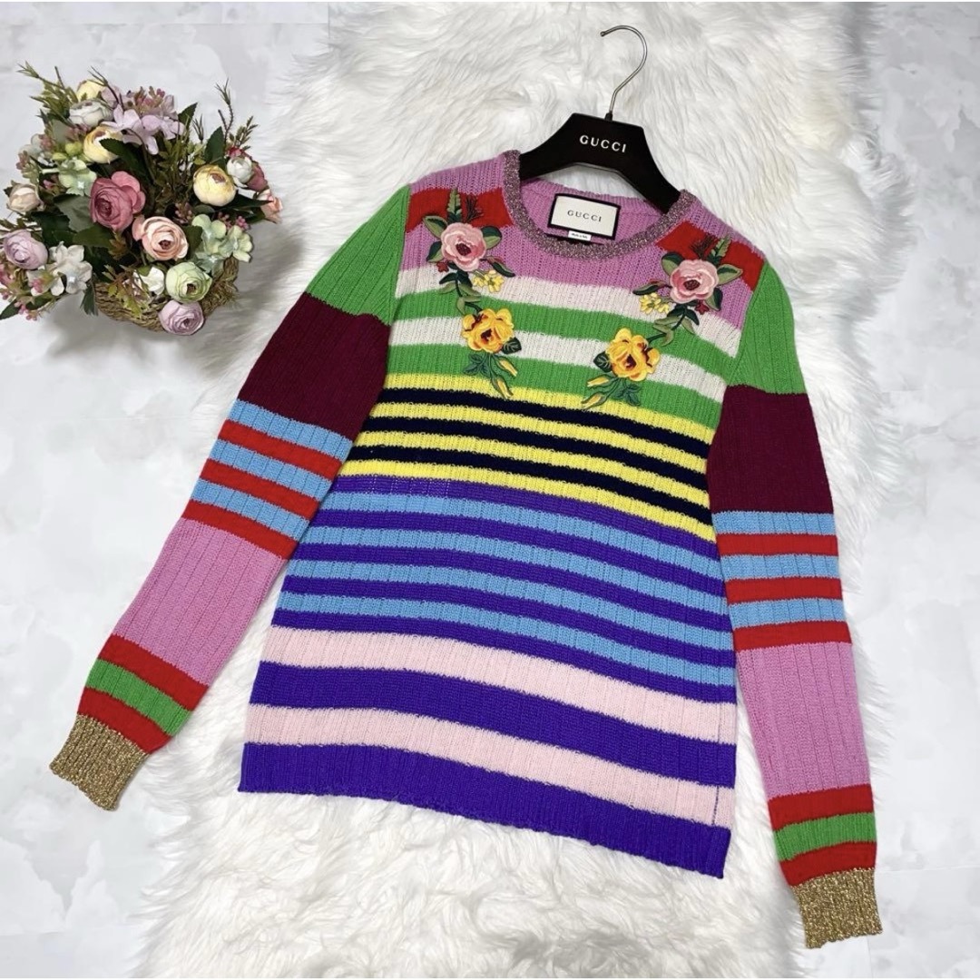 GUCCI - 本物 美品 グッチ 花柄 フラワー 刺繍 ボーダー 長袖 ニット